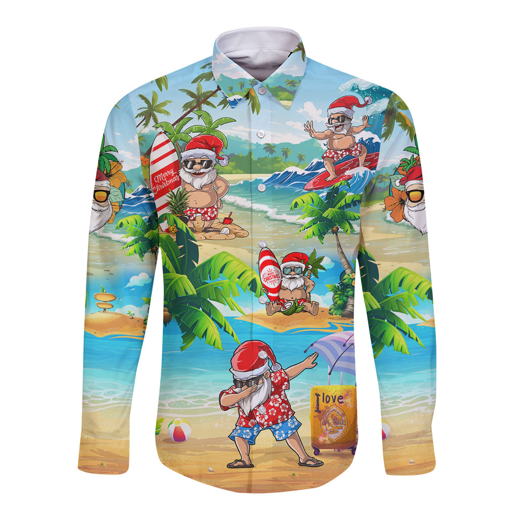 Guam Christmas Long Sleeve Button Shirt Santa Claus Beach and Wave DT02 Unisex Art - Polynesian Pride