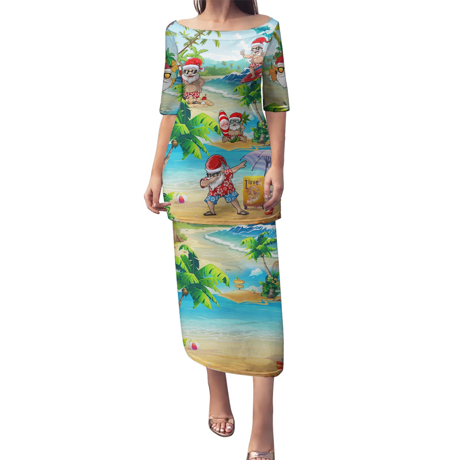 Guam Christmas Puletasi Santa Claus Beach and Wave DT02 Long Dress Art - Polynesian Pride