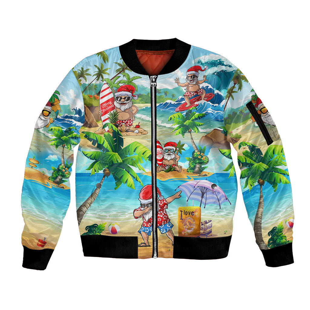 Guam Christmas Sleeve Zip Bomber Jacket Santa Claus Beach and Wave DT02 Unisex Art - Polynesian Pride