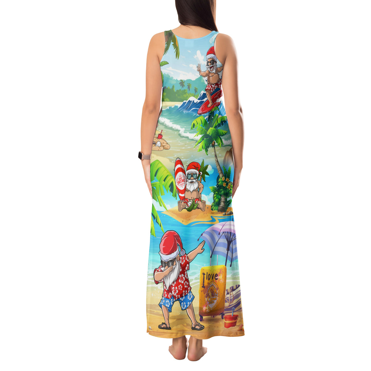 Guam Christmas Tank Maxi Dress Santa Claus Beach and Wave DT02 - Polynesian Pride