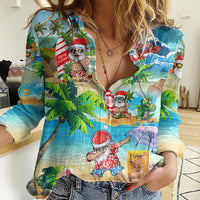 Guam Christmas Women Casual Shirt Santa Claus Beach and Wave DT02 Female Art - Polynesian Pride
