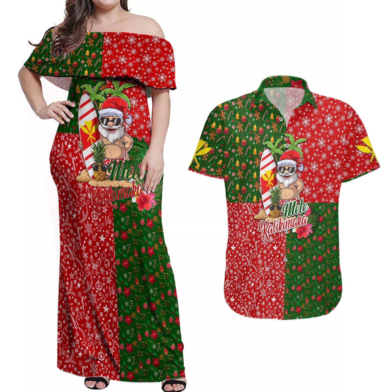 Hawaii Christmas Couples Matching Off Shoulder Maxi Dress and Hawaiian Shirt Mele Kalikimaka Kanaka Maoli DT02 Art - Polynesian Pride