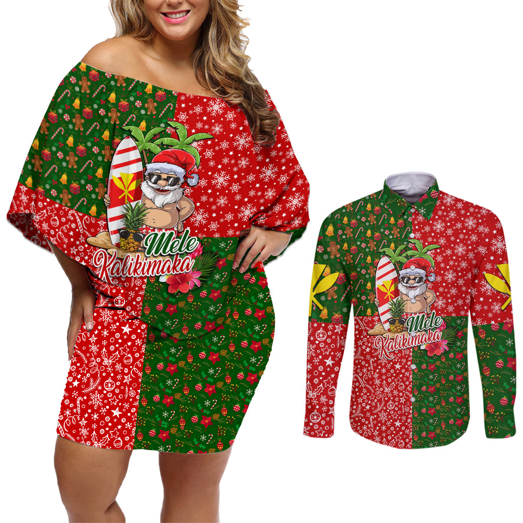 Hawaii Christmas Couples Matching Off Shoulder Short Dress and Long Sleeve Button Shirts Mele Kalikimaka Kanaka Maoli DT02 Art - Polynesian Pride