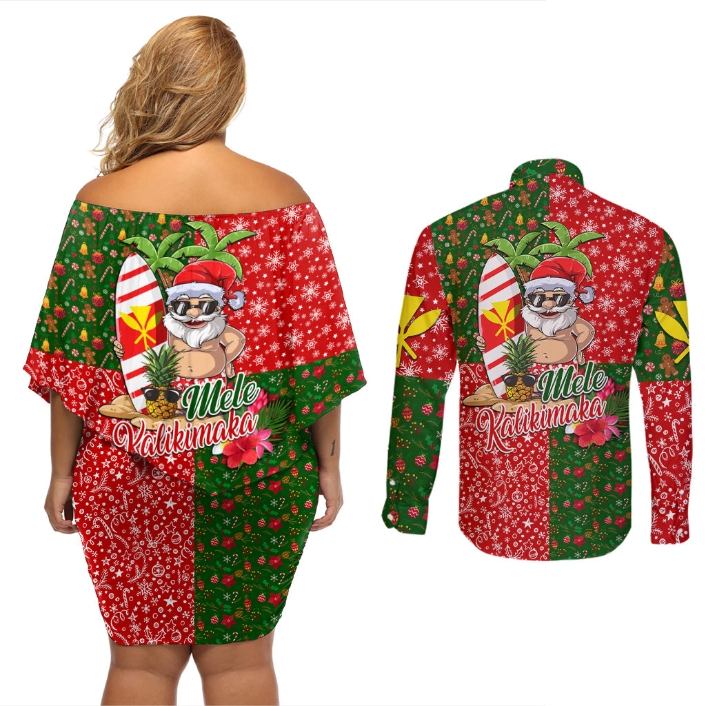 Hawaii Christmas Couples Matching Off Shoulder Short Dress and Long Sleeve Button Shirts Mele Kalikimaka Kanaka Maoli DT02 - Polynesian Pride