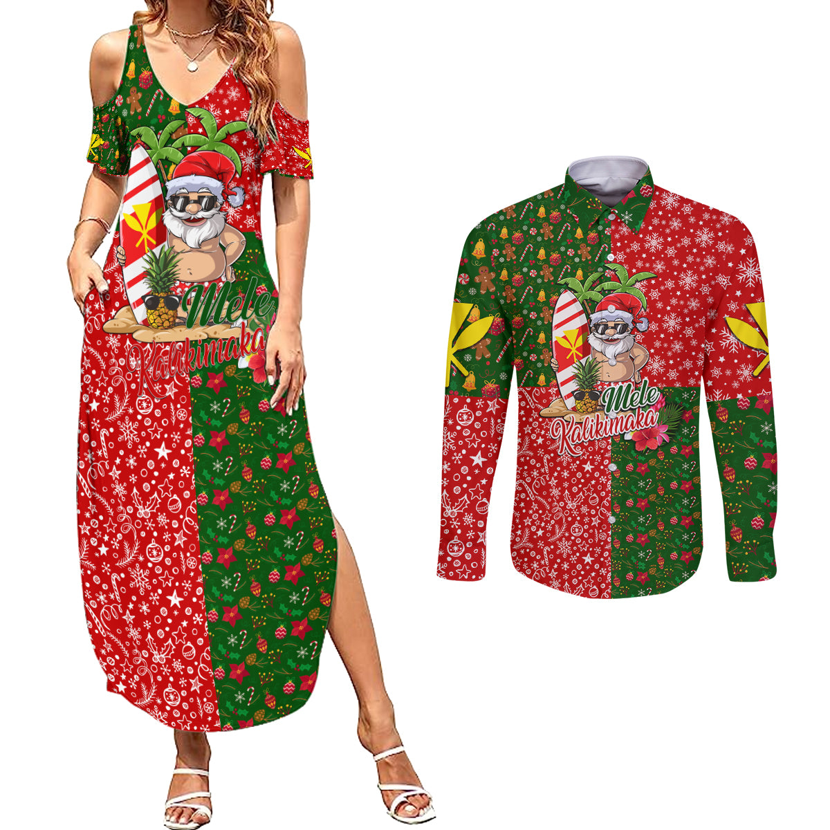 Hawaii Christmas Couples Matching Summer Maxi Dress and Long Sleeve Button Shirts Mele Kalikimaka Kanaka Maoli DT02 Art - Polynesian Pride