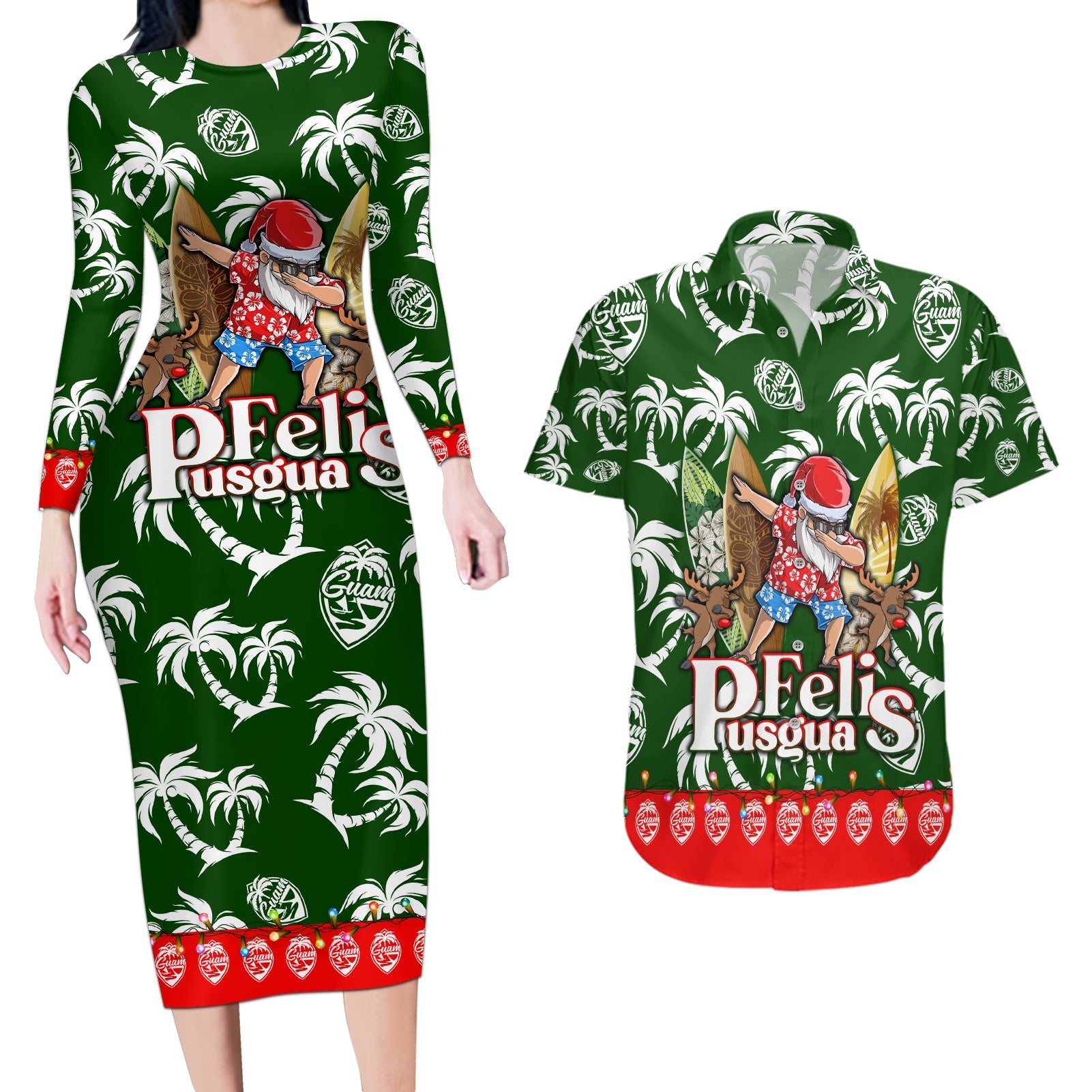 Guam Christmas Couples Matching Long Sleeve Bodycon Dress and Hawaiian Shirt Felis Pusgua Tropical Xmas Patterns DT02 Green - Polynesian Pride