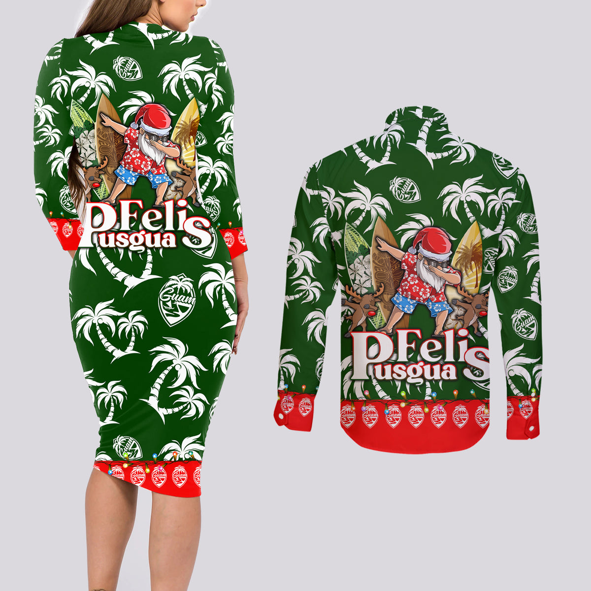 Guam Christmas Couples Matching Long Sleeve Bodycon Dress and Long Sleeve Button Shirts Felis Pusgua Tropical Xmas Patterns DT02 - Polynesian Pride