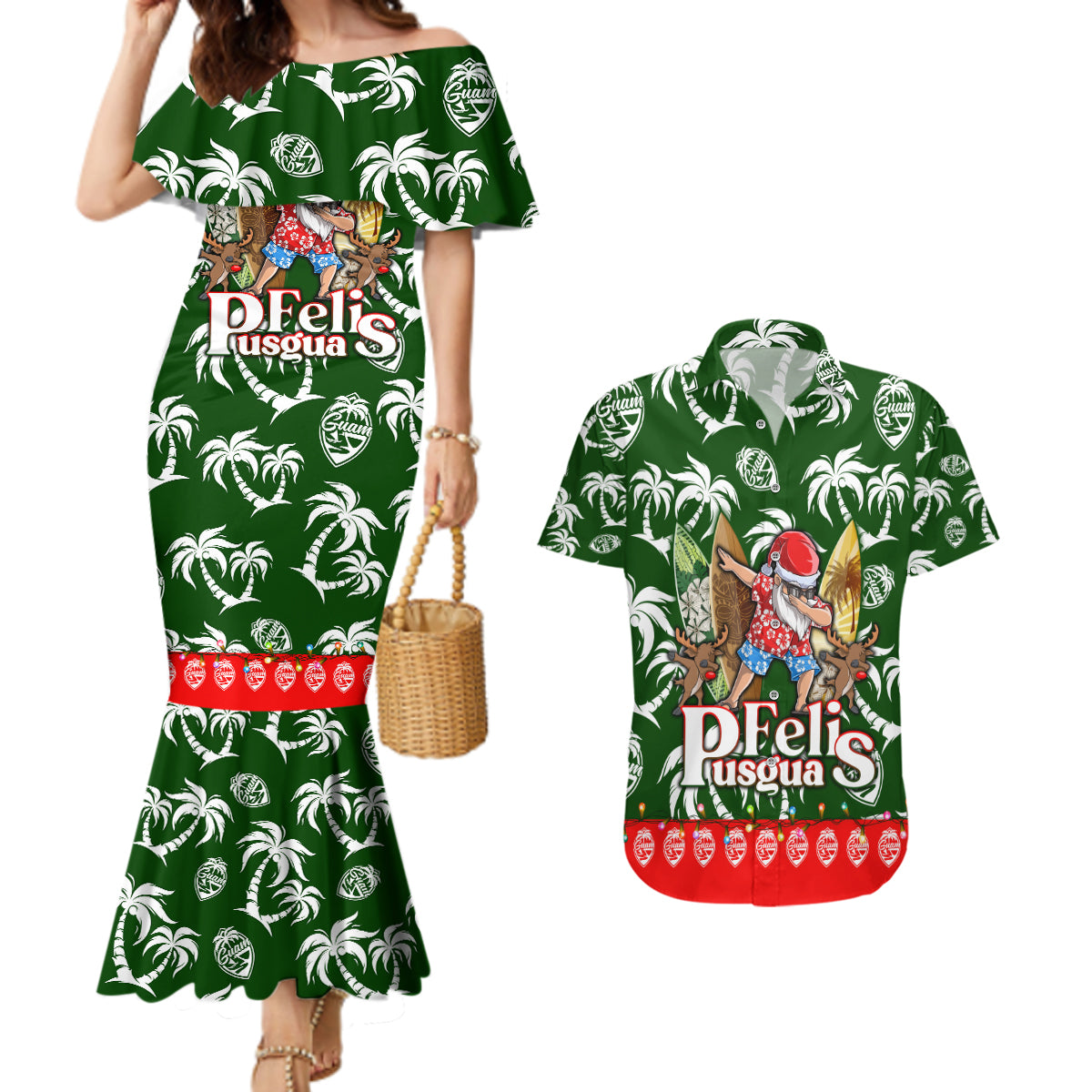 Guam Christmas Couples Matching Mermaid Dress and Hawaiian Shirt Felis Pusgua Tropical Xmas Patterns DT02 Green - Polynesian Pride