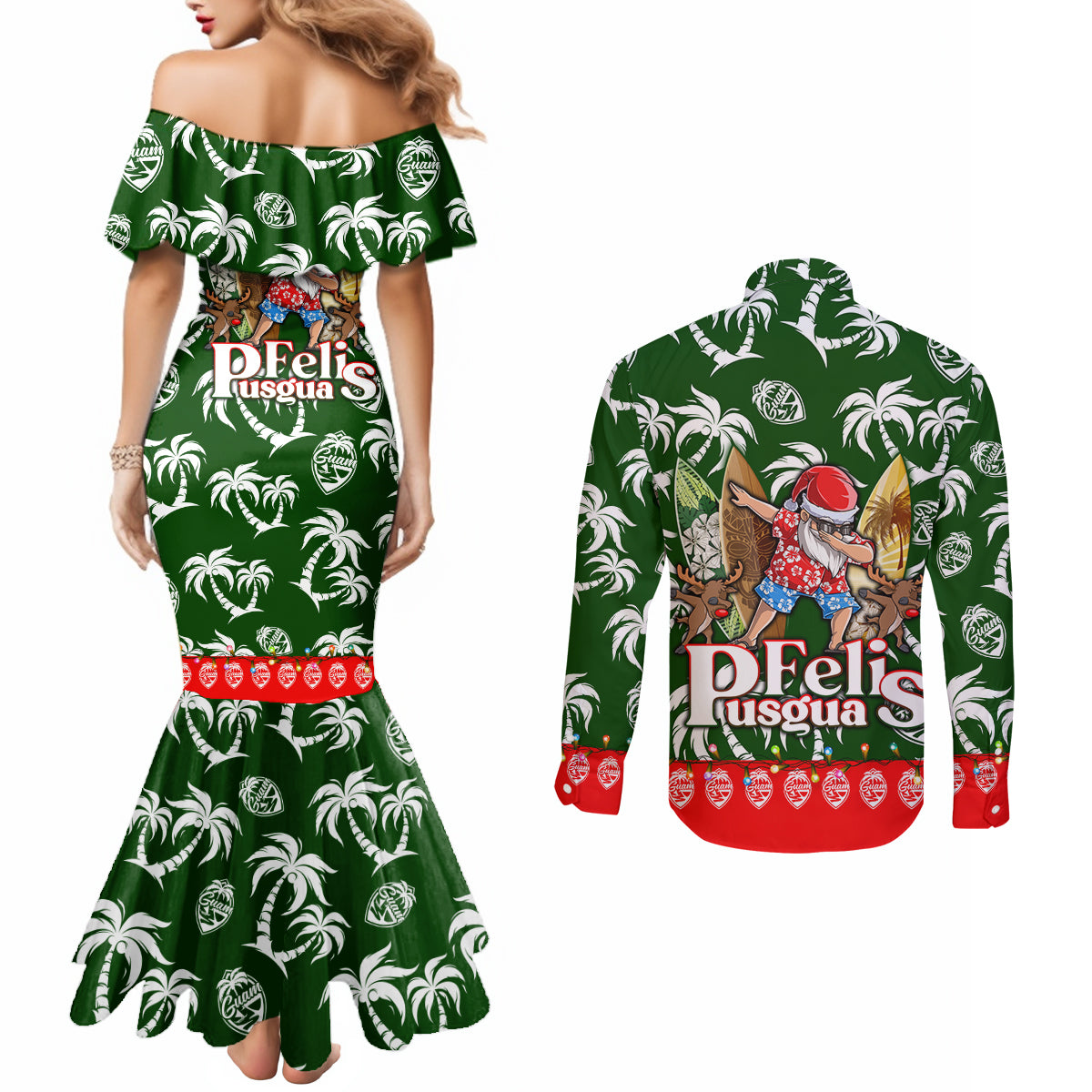 Guam Christmas Couples Matching Mermaid Dress and Long Sleeve Button Shirts Felis Pusgua Tropical Xmas Patterns DT02 - Polynesian Pride
