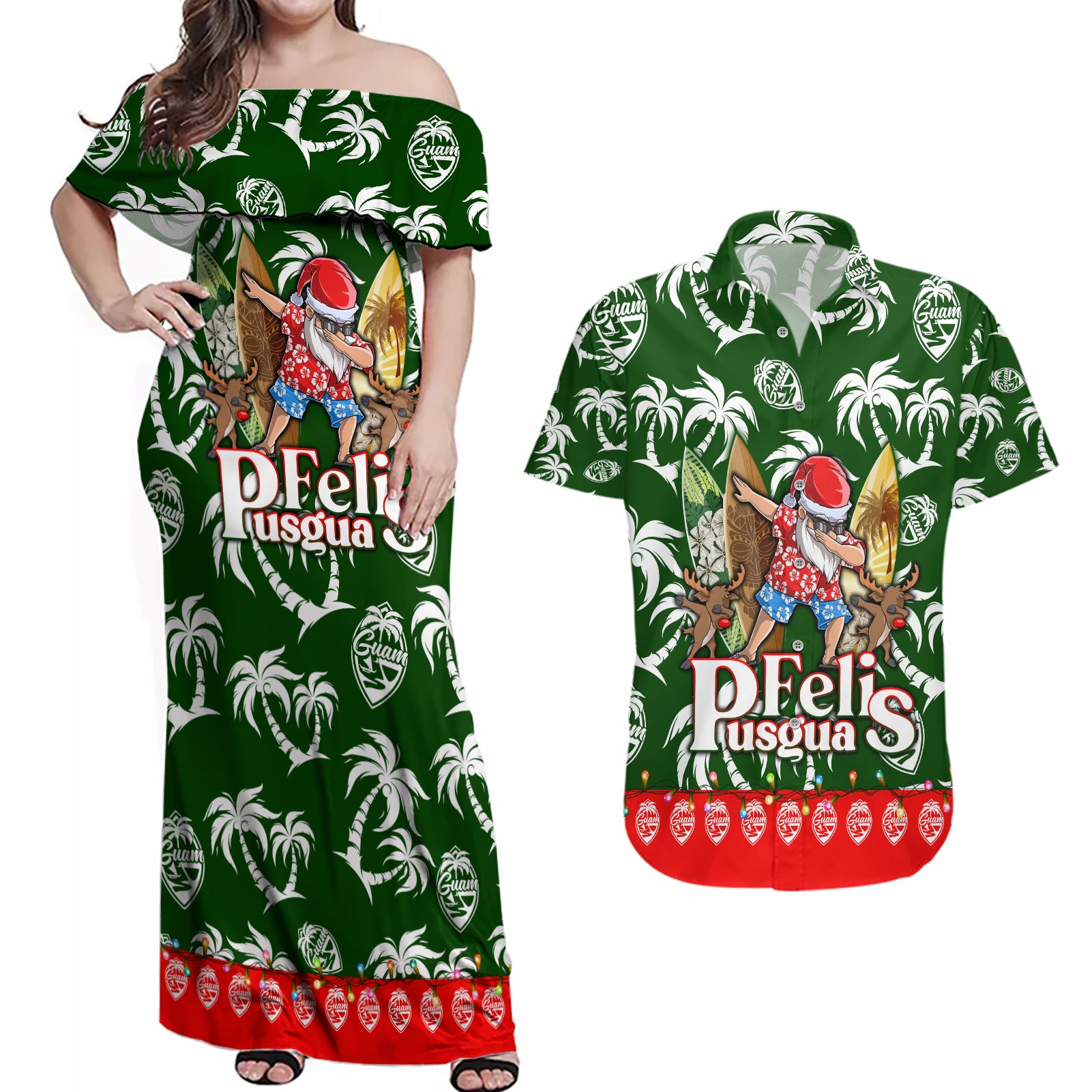 Guam Christmas Couples Matching Off Shoulder Maxi Dress and Hawaiian Shirt Felis Pusgua Tropical Xmas Patterns DT02 Green - Polynesian Pride