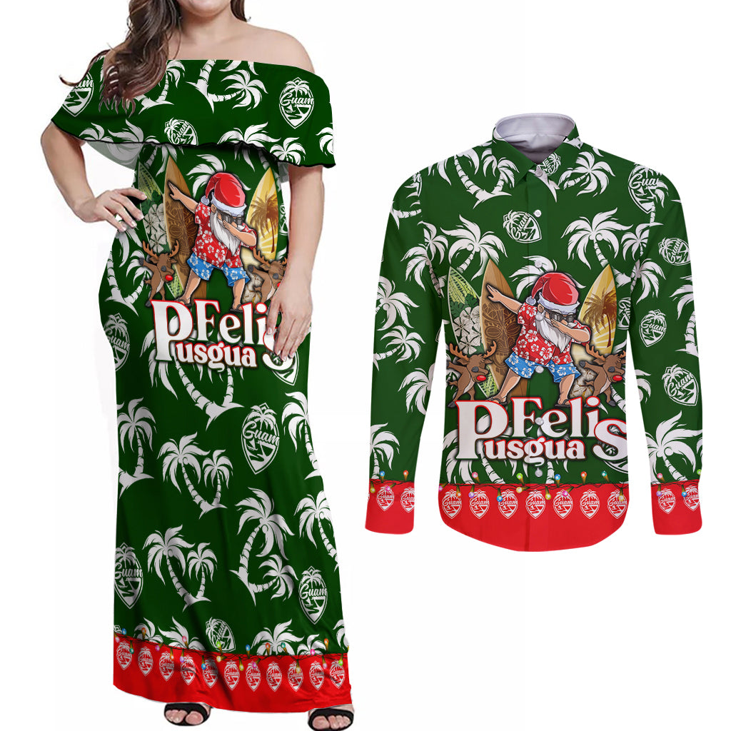 Guam Christmas Couples Matching Off Shoulder Maxi Dress and Long Sleeve Button Shirts Felis Pusgua Tropical Xmas Patterns DT02 Green - Polynesian Pride