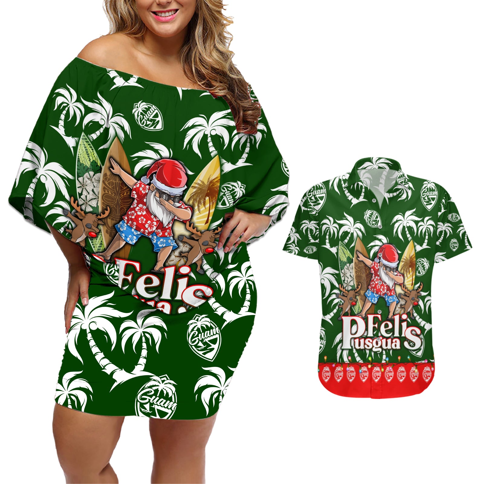 Guam Christmas Couples Matching Off Shoulder Short Dress and Hawaiian Shirt Felis Pusgua Tropical Xmas Patterns DT02 Green - Polynesian Pride