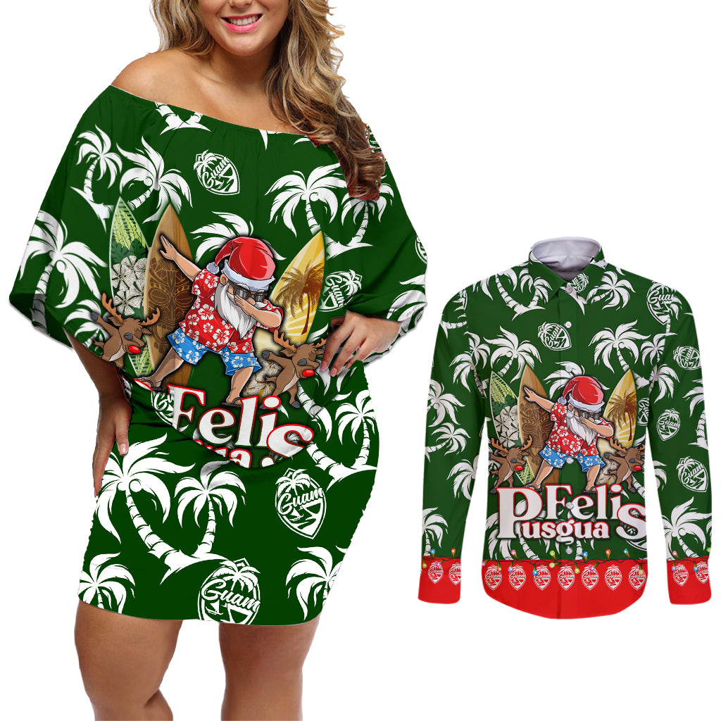 Guam Christmas Couples Matching Off Shoulder Short Dress and Long Sleeve Button Shirts Felis Pusgua Tropical Xmas Patterns DT02 Green - Polynesian Pride