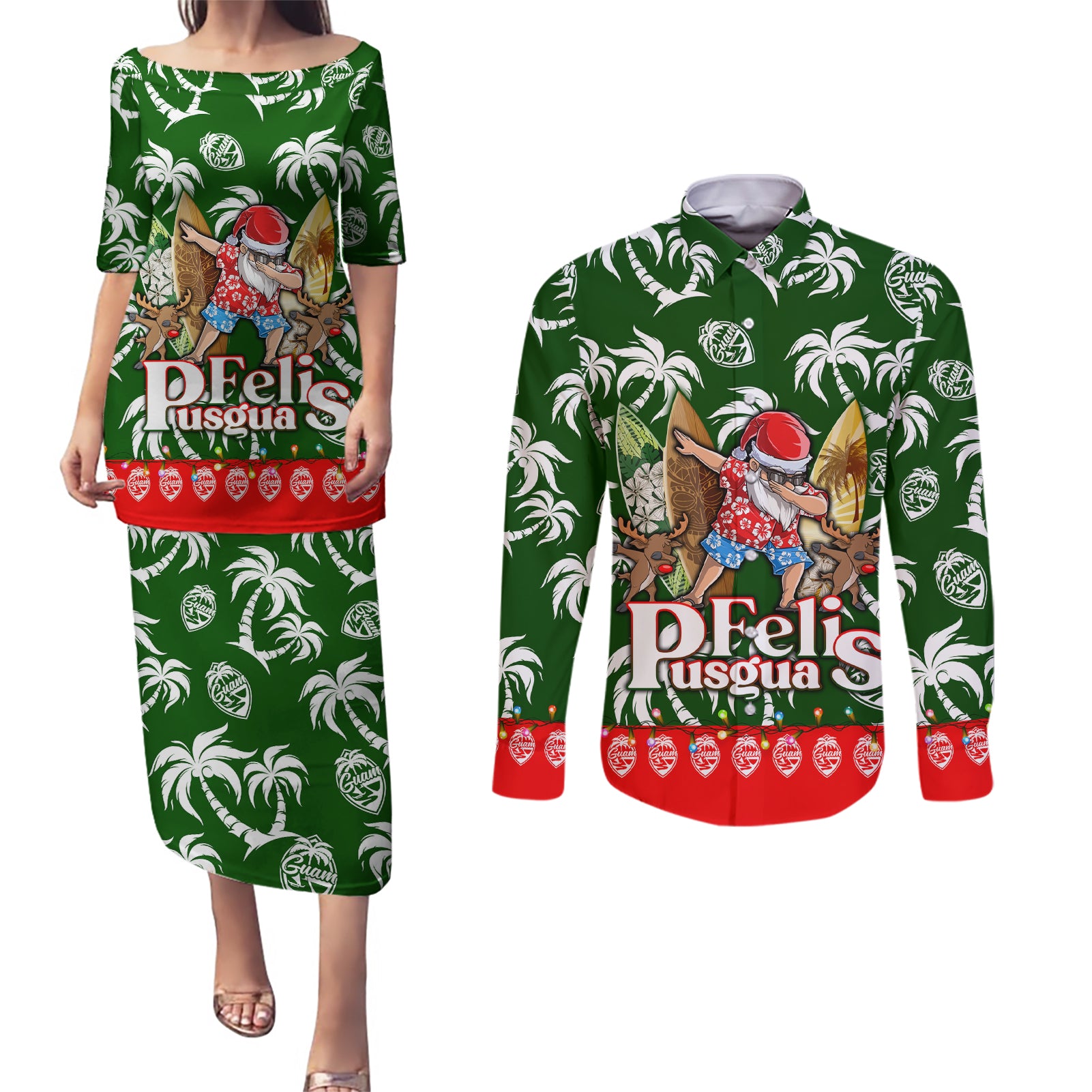 Guam Christmas Couples Matching Puletasi Dress and Long Sleeve Button Shirts Felis Pusgua Tropical Xmas Patterns DT02 Green - Polynesian Pride