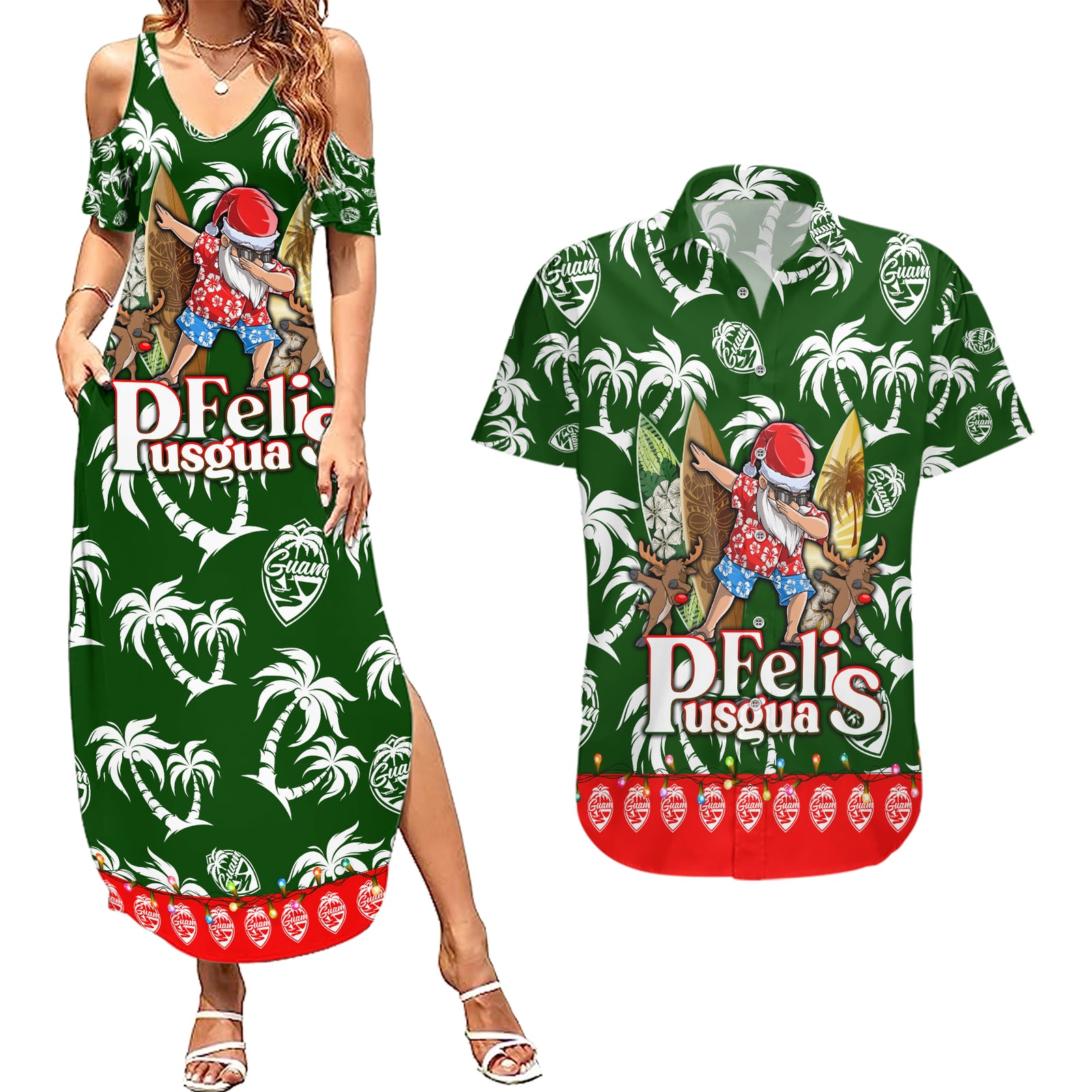 Guam Christmas Couples Matching Summer Maxi Dress and Hawaiian Shirt Felis Pusgua Tropical Xmas Patterns DT02 Green - Polynesian Pride