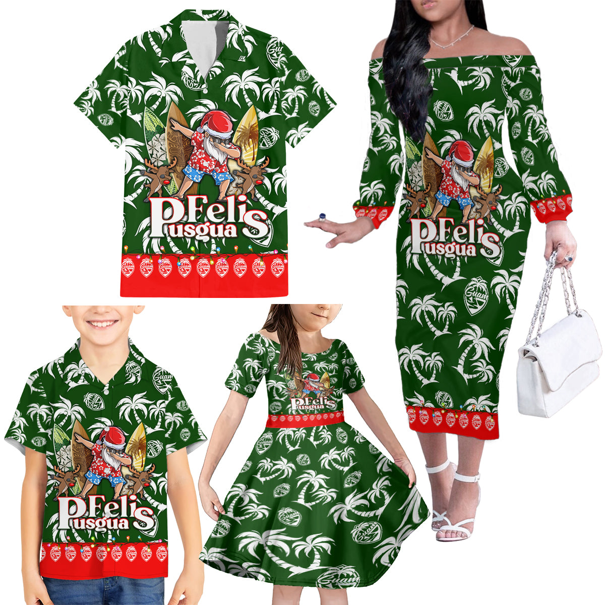 Guam Christmas Family Matching Off Shoulder Long Sleeve Dress and Hawaiian Shirt Felis Pusgua Tropical Xmas Patterns DT02 - Polynesian Pride