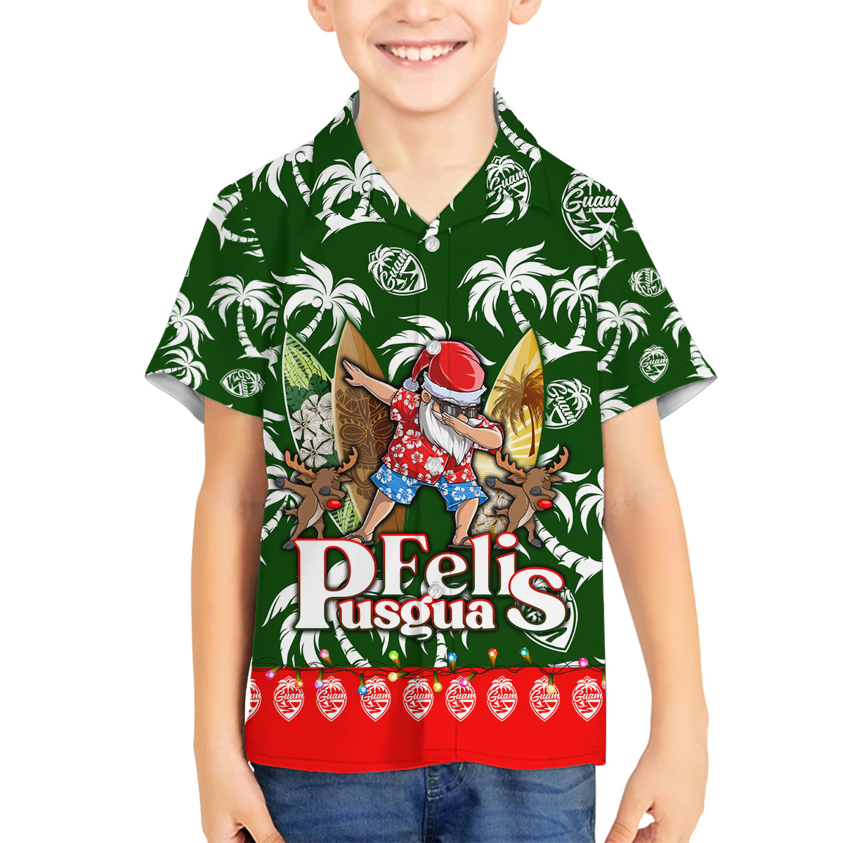 Guam Christmas Family Matching Off Shoulder Long Sleeve Dress and Hawaiian Shirt Felis Pusgua Tropical Xmas Patterns DT02 Son's Shirt Green - Polynesian Pride