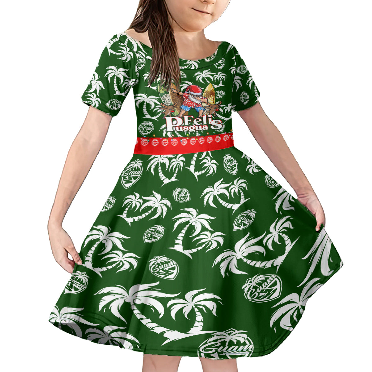 Guam Christmas Family Matching Off Shoulder Short Dress and Hawaiian Shirt Felis Pusgua Tropical Xmas Patterns DT02 Daughter's Dress Green - Polynesian Pride