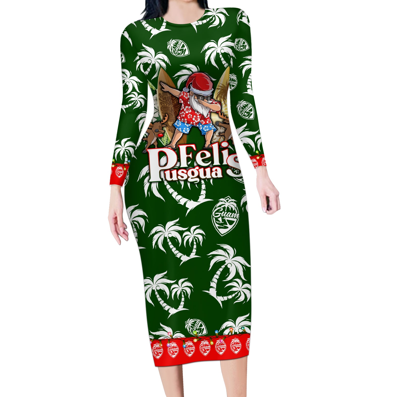 Guam Christmas Long Sleeve Bodycon Dress Felis Pusgua Tropical Xmas Patterns DT02 Long Dress Green - Polynesian Pride