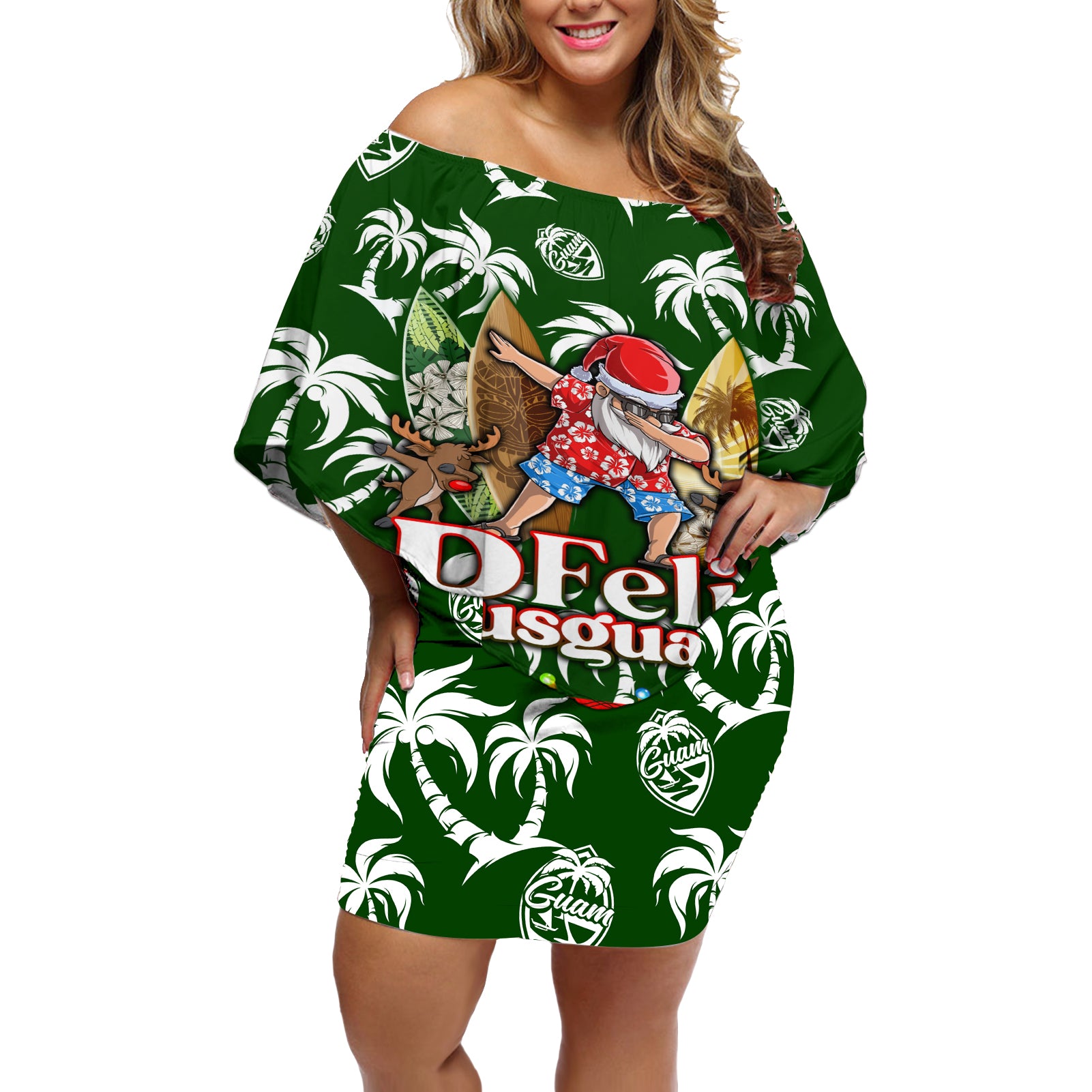 Guam Christmas Off Shoulder Short Dress Felis Pusgua Tropical Xmas Patterns DT02 Women Green - Polynesian Pride