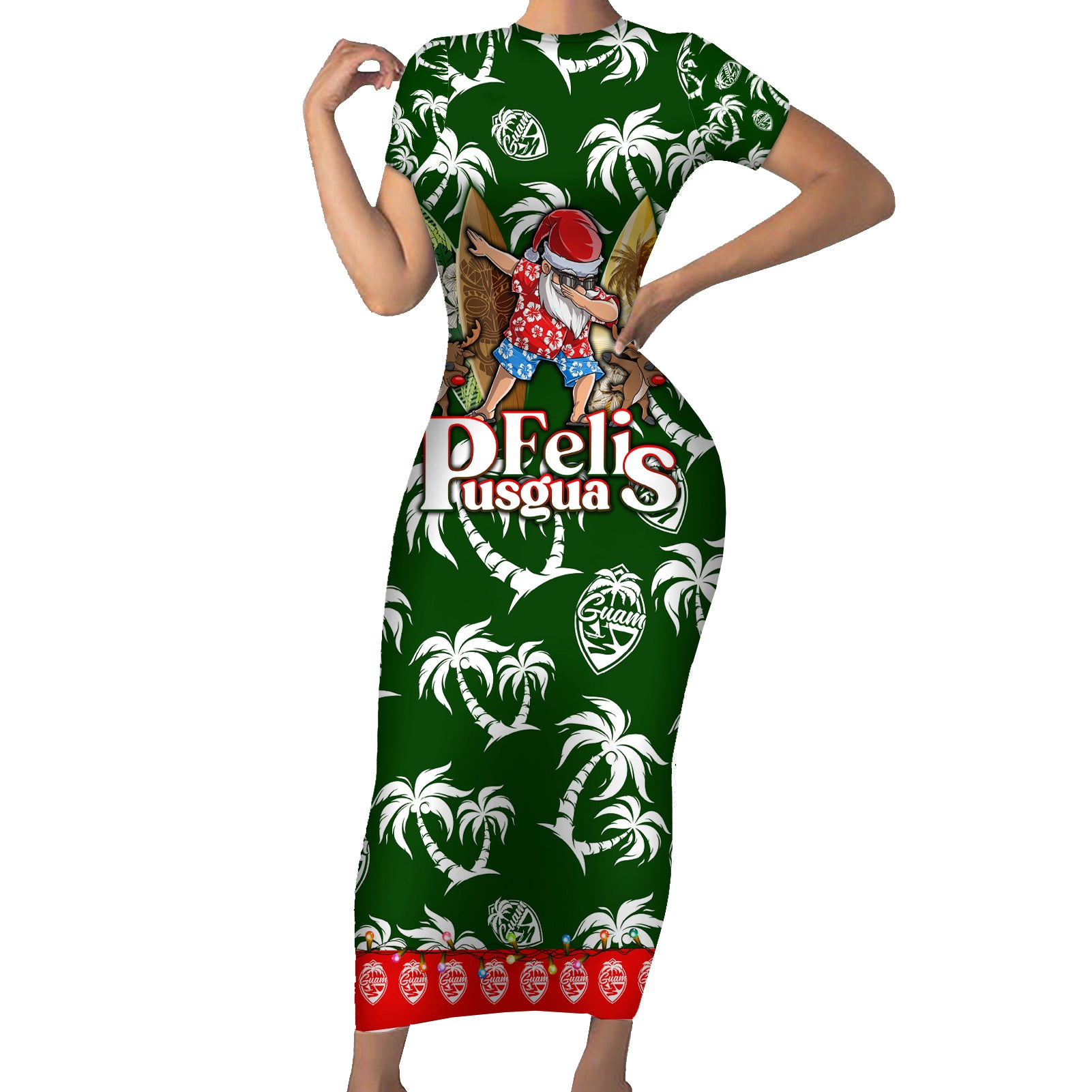 Guam Christmas Short Sleeve Bodycon Dress Felis Pusgua Tropical Xmas Patterns DT02 Long Dress Green - Polynesian Pride