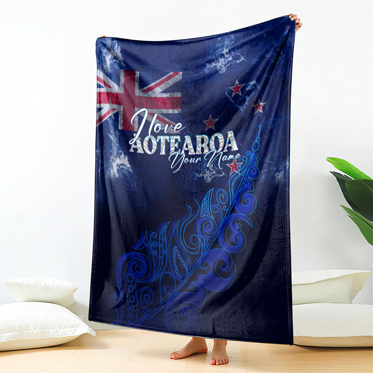 Personalised New Zealand Blanket Aotearoa Map Silver Fern DT02 Blue - Polynesian Pride