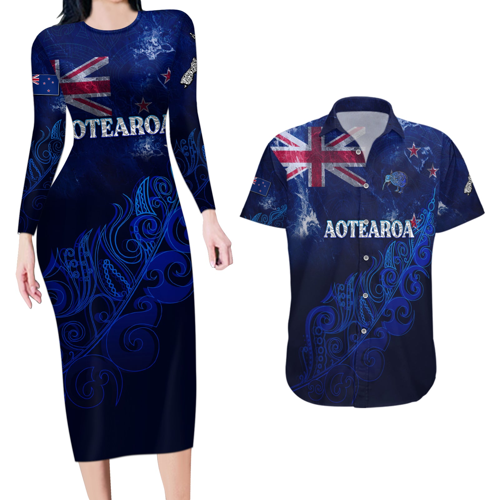 Personalised New Zealand Couples Matching Long Sleeve Bodycon Dress and Hawaiian Shirt Aotearoa Map Silver Fern DT02 Blue - Polynesian Pride