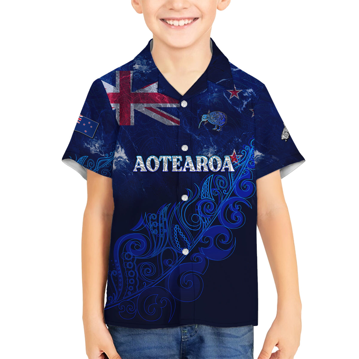 Personalised New Zealand Family Matching Off Shoulder Maxi Dress and Hawaiian Shirt Aotearoa Map Silver Fern DT02 Son's Shirt Blue - Polynesian Pride