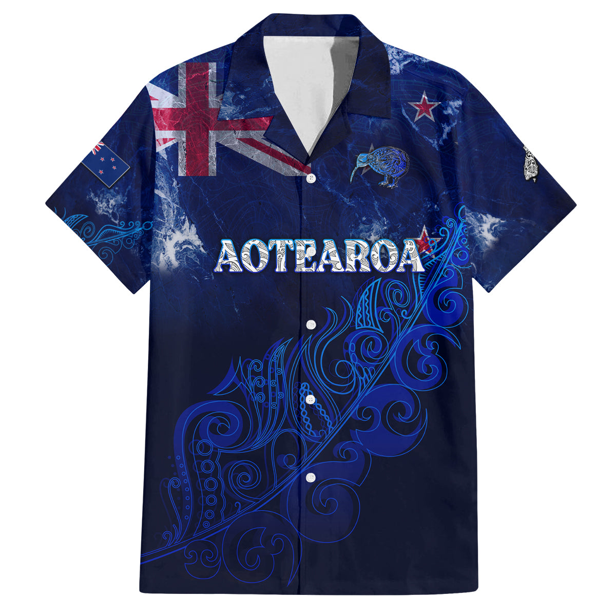 Personalised New Zealand Family Matching Tank Maxi Dress and Hawaiian Shirt Aotearoa Map Silver Fern DT02 Dad's Shirt - Short Sleeve Blue - Polynesian Pride