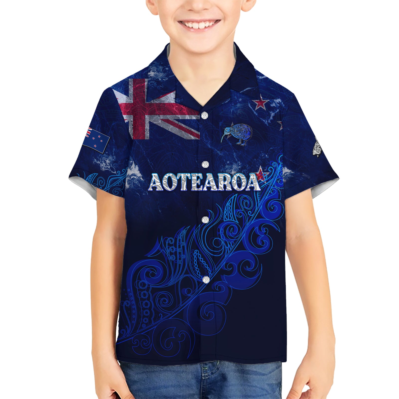 Personalised New Zealand Kid Hawaiian Shirt Aotearoa Map Silver Fern DT02 Kid Blue - Polynesian Pride