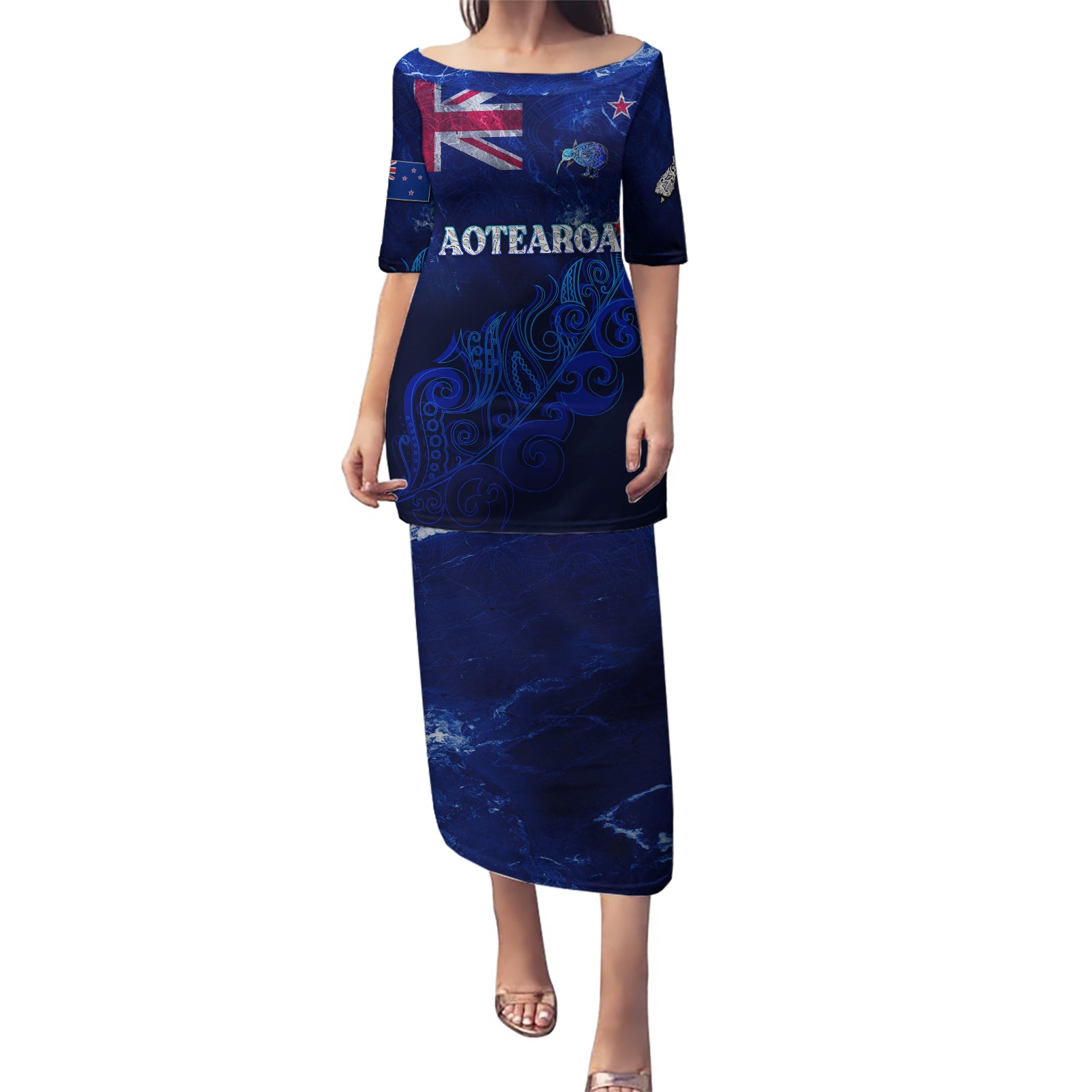 Personalised New Zealand Puletasi Aotearoa Map Silver Fern DT02 Long Dress Blue - Polynesian Pride