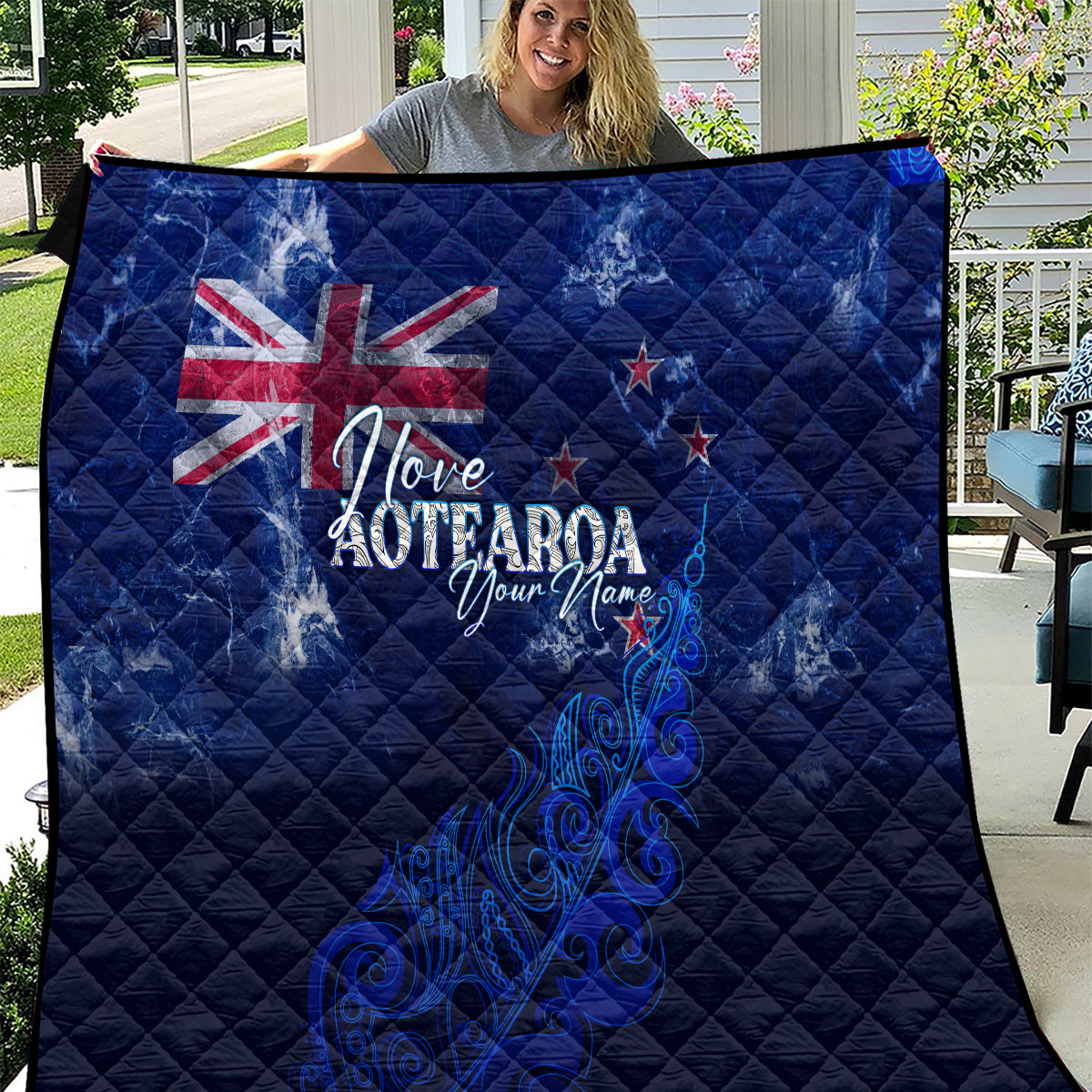 Personalised New Zealand Quilt Aotearoa Map Silver Fern DT02 Blue - Polynesian Pride