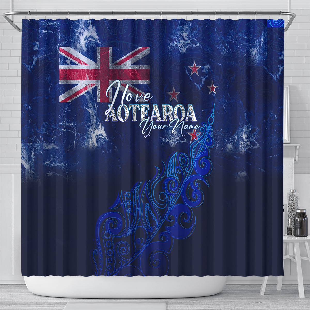 Personalised New Zealand Shower Curtain Aotearoa Map Silver Fern DT02 - Polynesian Pride