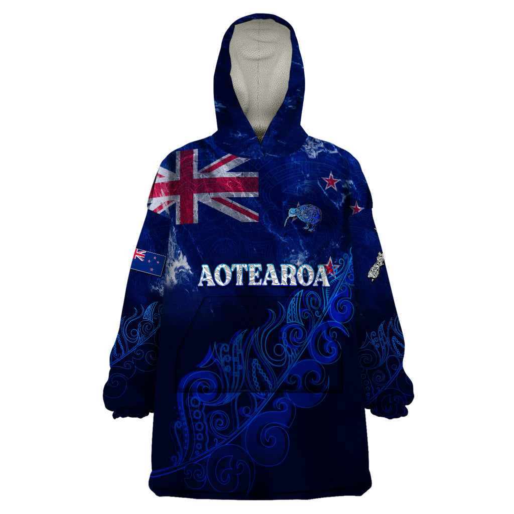 Personalised New Zealand Wearable Blanket Hoodie Aotearoa Map Silver Fern DT02 One Size Blue - Polynesian Pride