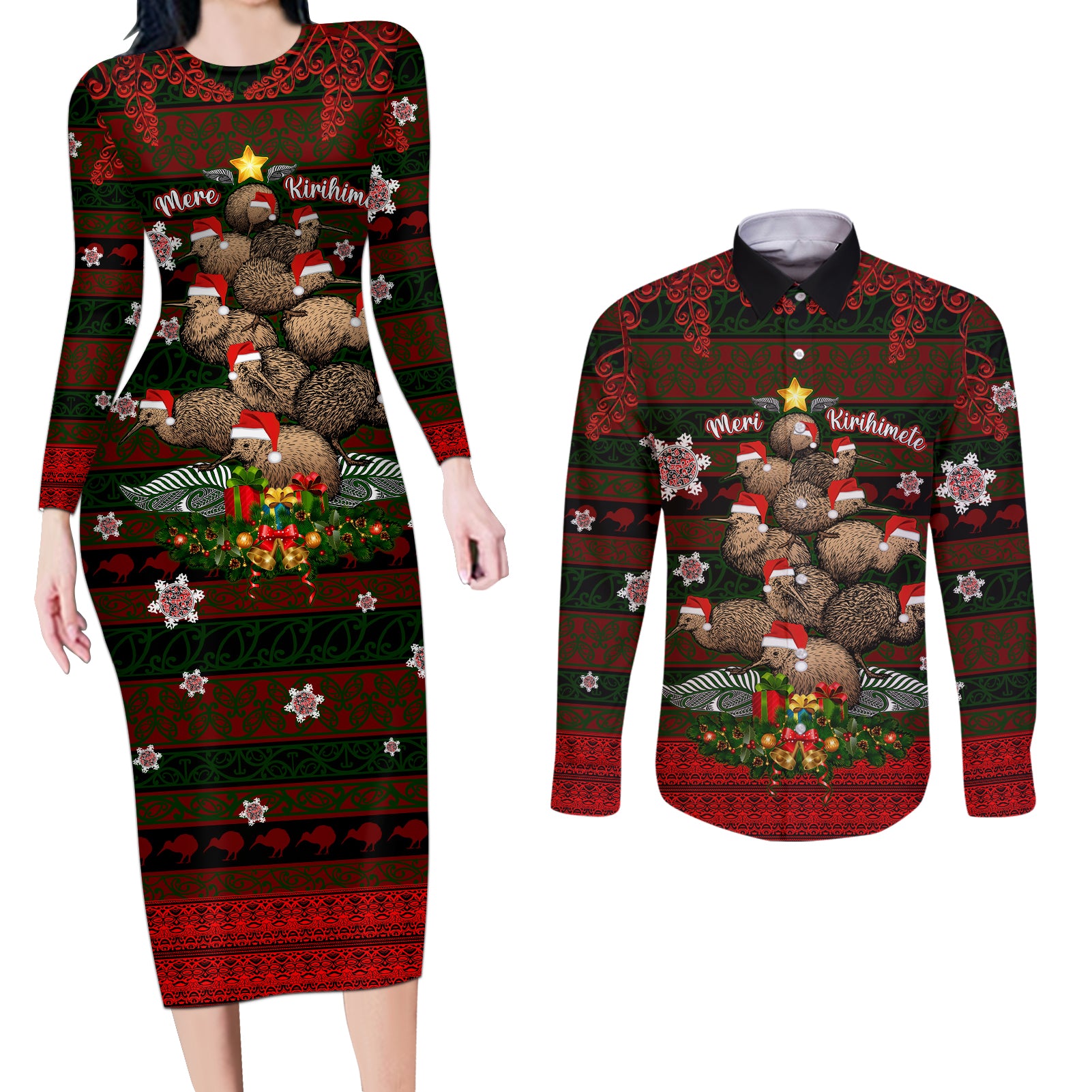 Meri Kirihimete New Zealand Couples Matching Long Sleeve Bodycon Dress and Long Sleeve Button Shirts Christmas Kiwi Maori DT02 Red - Polynesian Pride