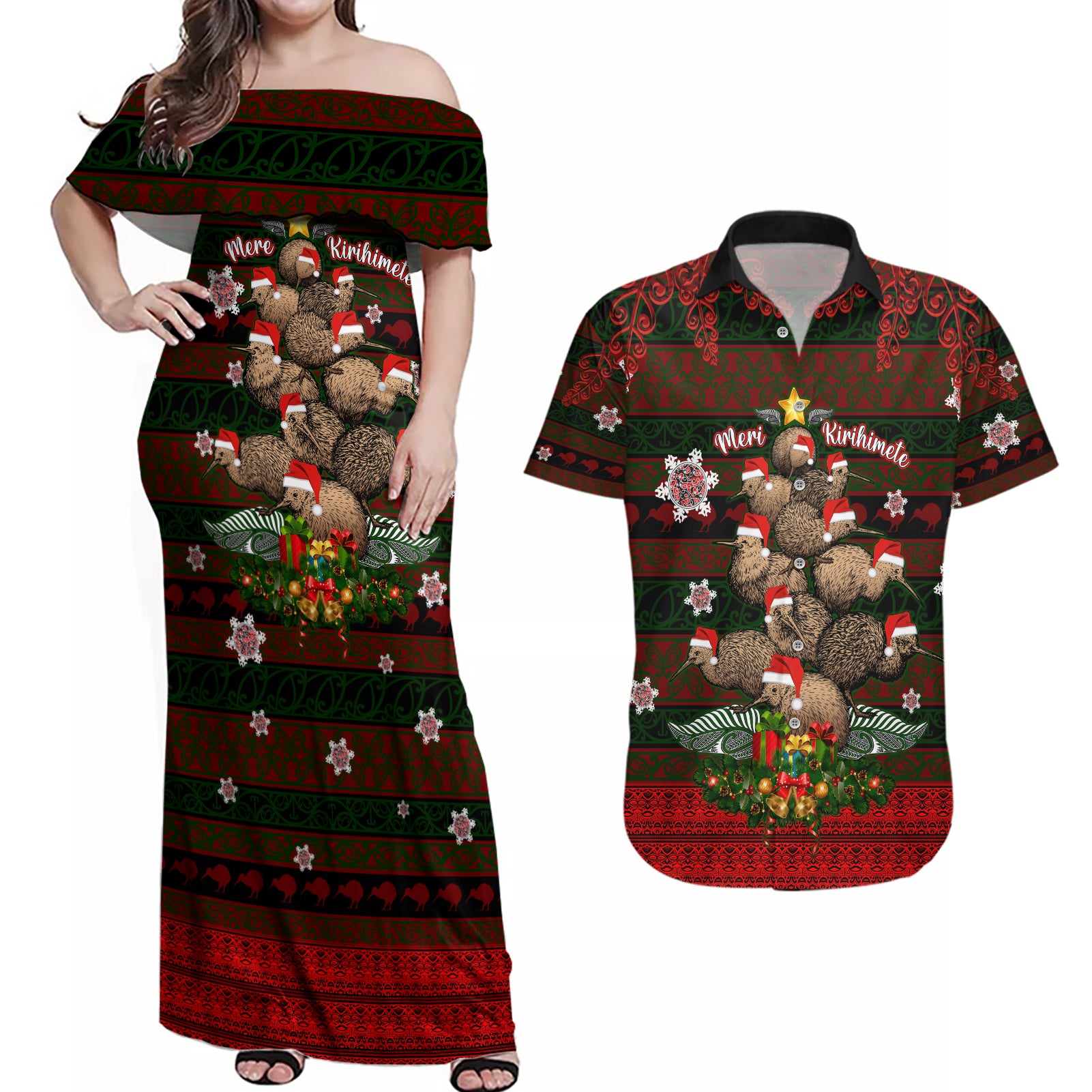 Meri Kirihimete New Zealand Couples Matching Off Shoulder Maxi Dress and Hawaiian Shirt Christmas Kiwi Maori DT02 Red - Polynesian Pride