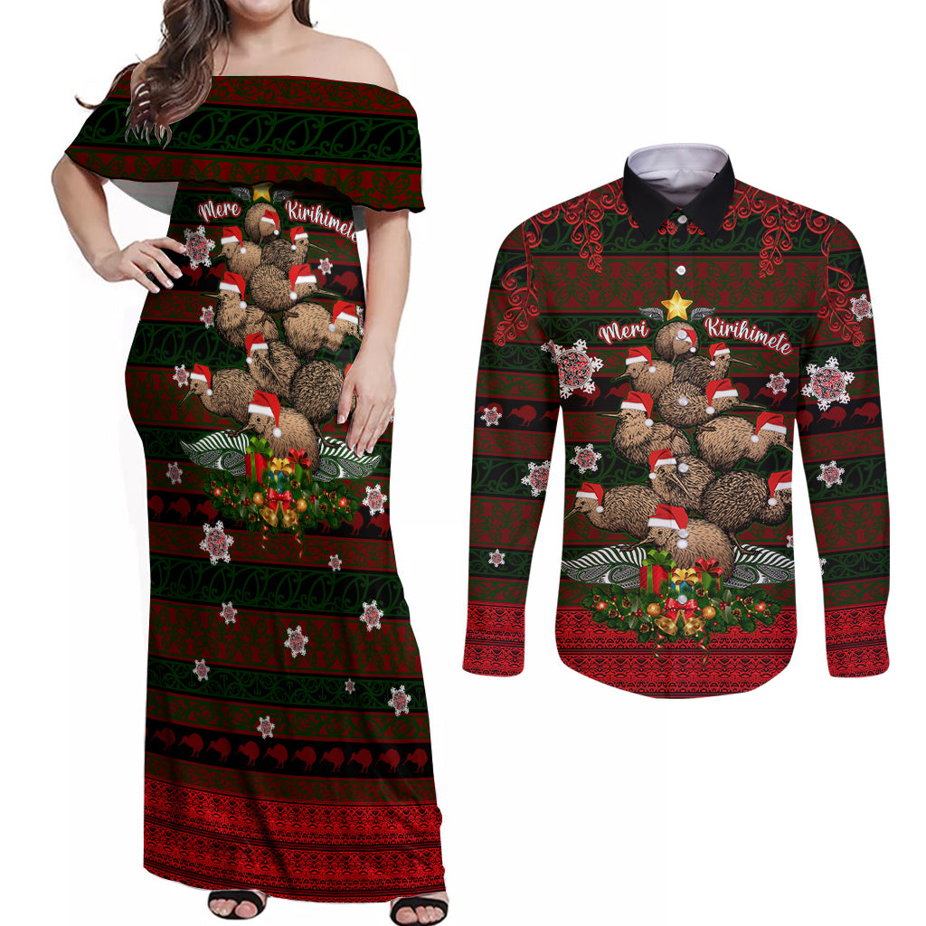 Meri Kirihimete New Zealand Couples Matching Off Shoulder Maxi Dress and Long Sleeve Button Shirts Christmas Kiwi Maori DT02 Red - Polynesian Pride