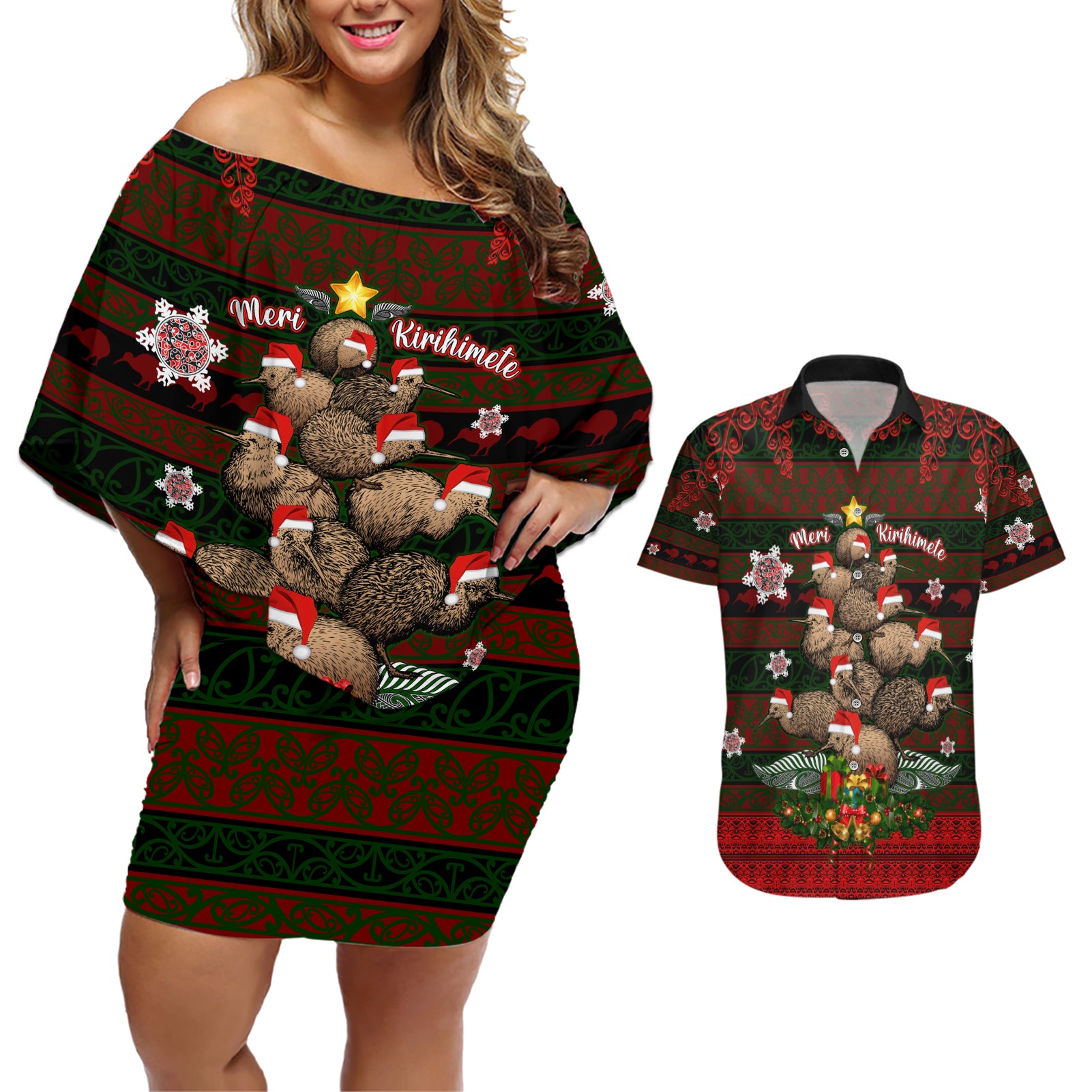 Meri Kirihimete New Zealand Couples Matching Off Shoulder Short Dress and Hawaiian Shirt Christmas Kiwi Maori DT02 Red - Polynesian Pride