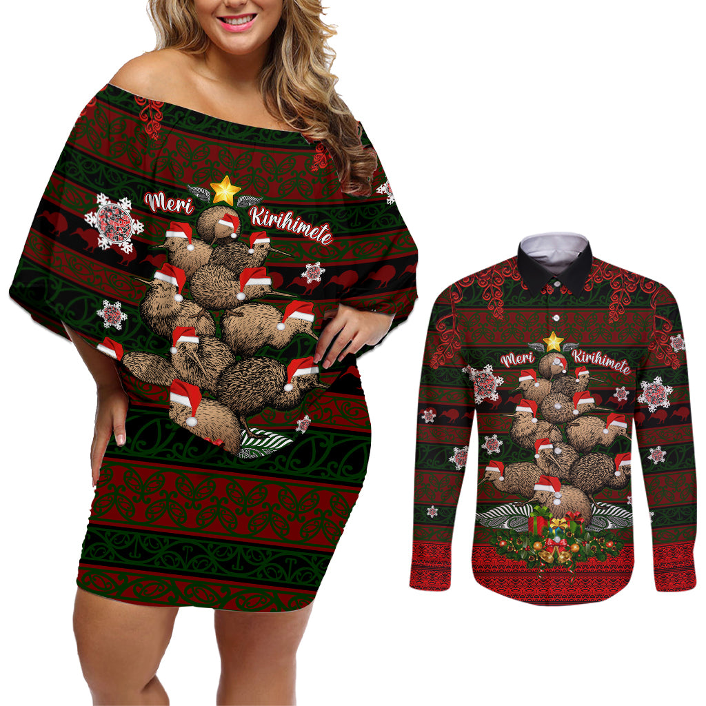 Meri Kirihimete New Zealand Couples Matching Off Shoulder Short Dress and Long Sleeve Button Shirts Christmas Kiwi Maori DT02 Red - Polynesian Pride