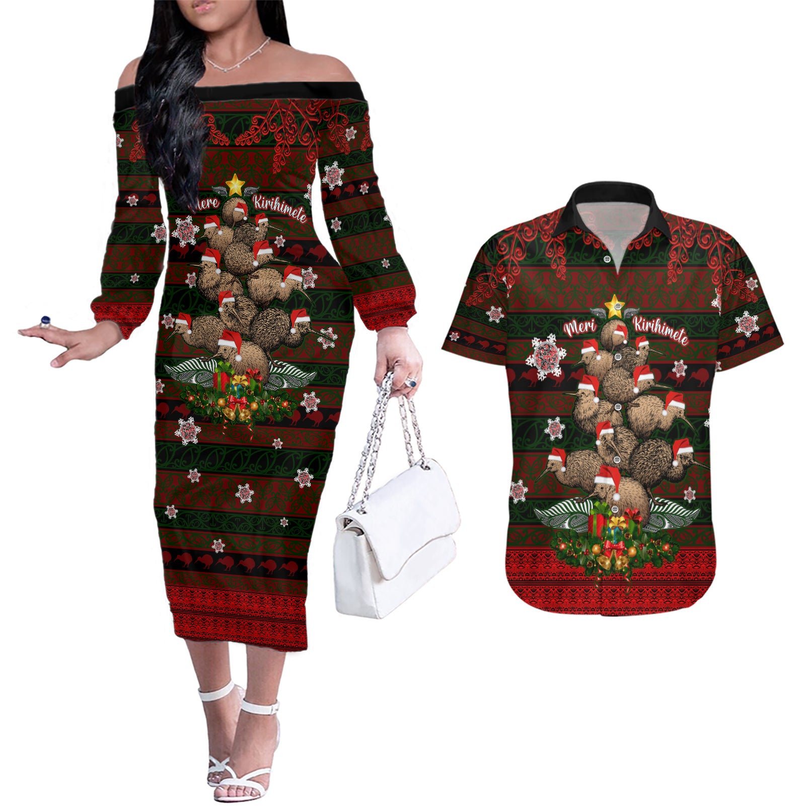 Meri Kirihimete New Zealand Couples Matching Off The Shoulder Long Sleeve Dress and Hawaiian Shirt Christmas Kiwi Maori DT02 Red - Polynesian Pride