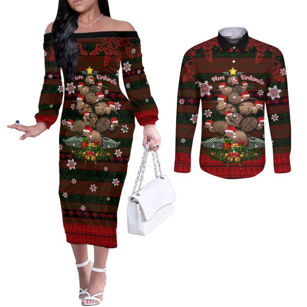 Meri Kirihimete New Zealand Couples Matching Off The Shoulder Long Sleeve Dress and Long Sleeve Button Shirts Christmas Kiwi Maori DT02 Red - Polynesian Pride