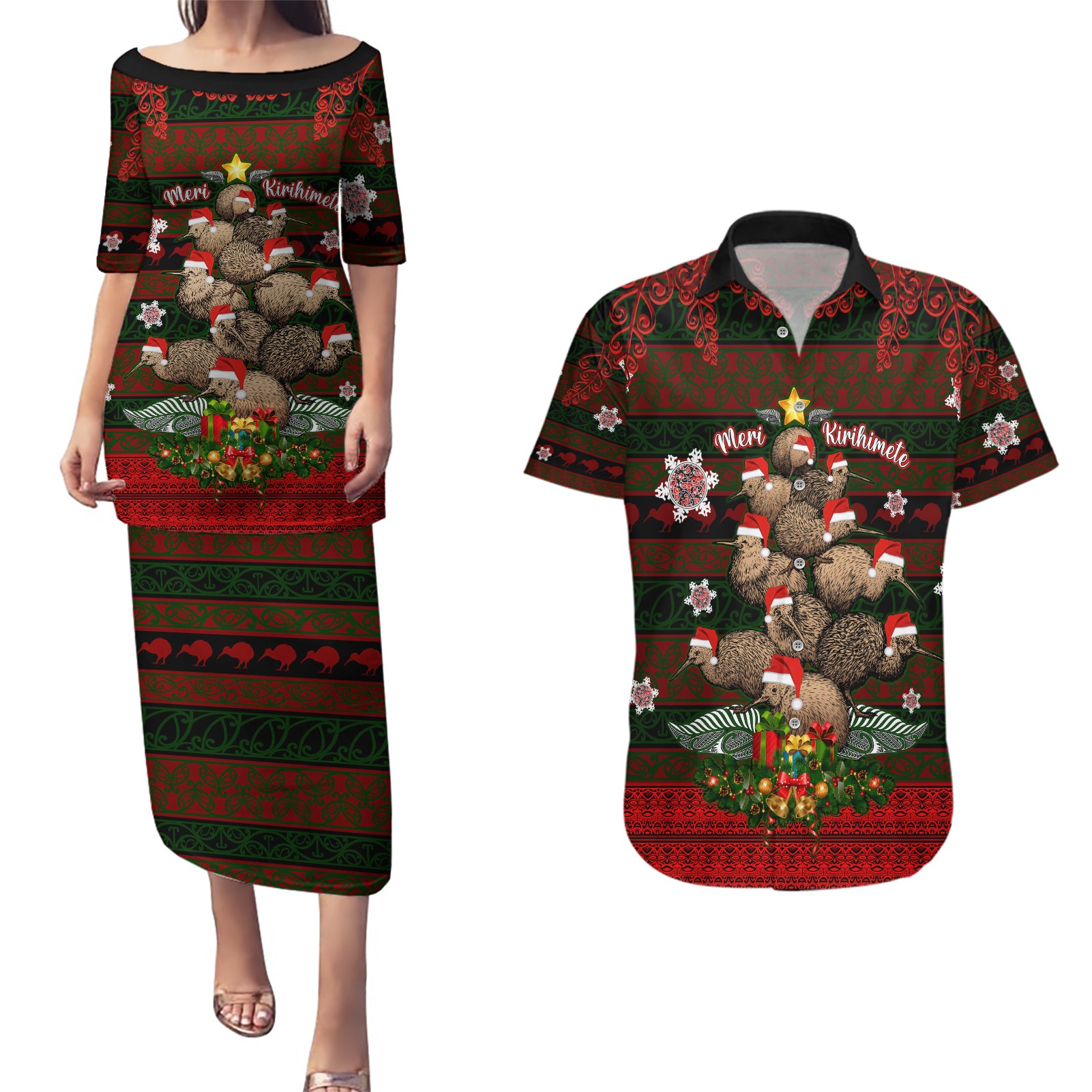 Meri Kirihimete New Zealand Couples Matching Puletasi Dress and Hawaiian Shirt Christmas Kiwi Maori DT02 Red - Polynesian Pride