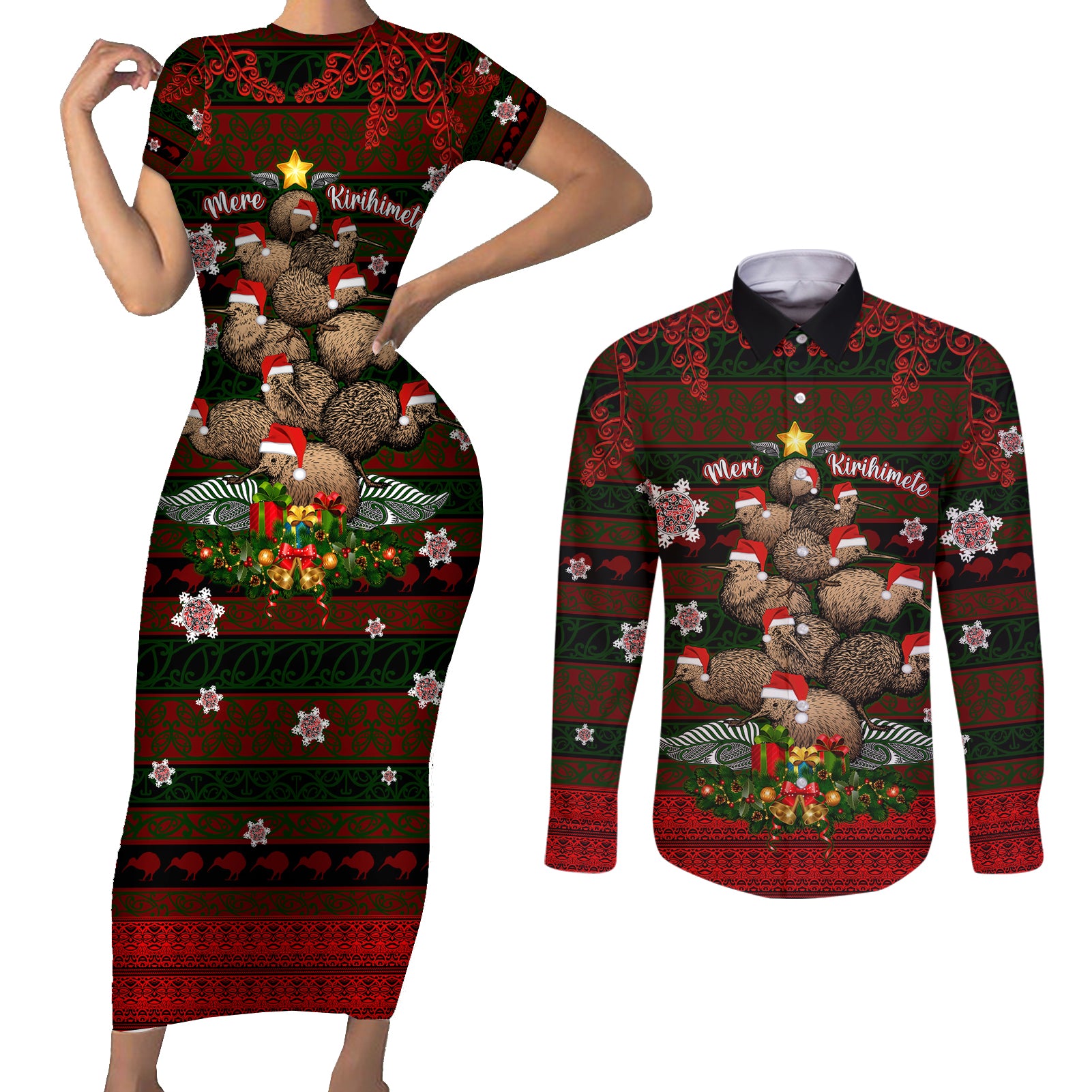 Meri Kirihimete New Zealand Couples Matching Short Sleeve Bodycon Dress and Long Sleeve Button Shirts Christmas Kiwi Maori DT02 Red - Polynesian Pride