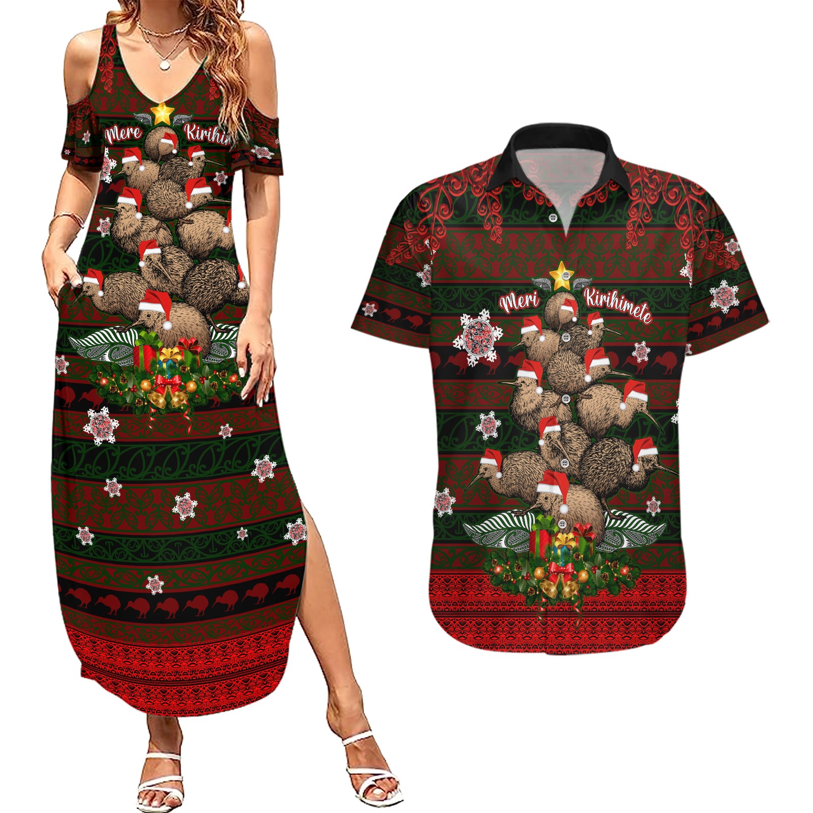 Meri Kirihimete New Zealand Couples Matching Summer Maxi Dress and Hawaiian Shirt Christmas Kiwi Maori DT02 Red - Polynesian Pride