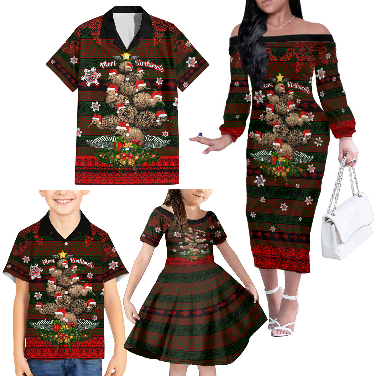 Meri Kirihimete New Zealand Family Matching Off Shoulder Long Sleeve Dress and Hawaiian Shirt Christmas Kiwi Maori DT02 - Polynesian Pride