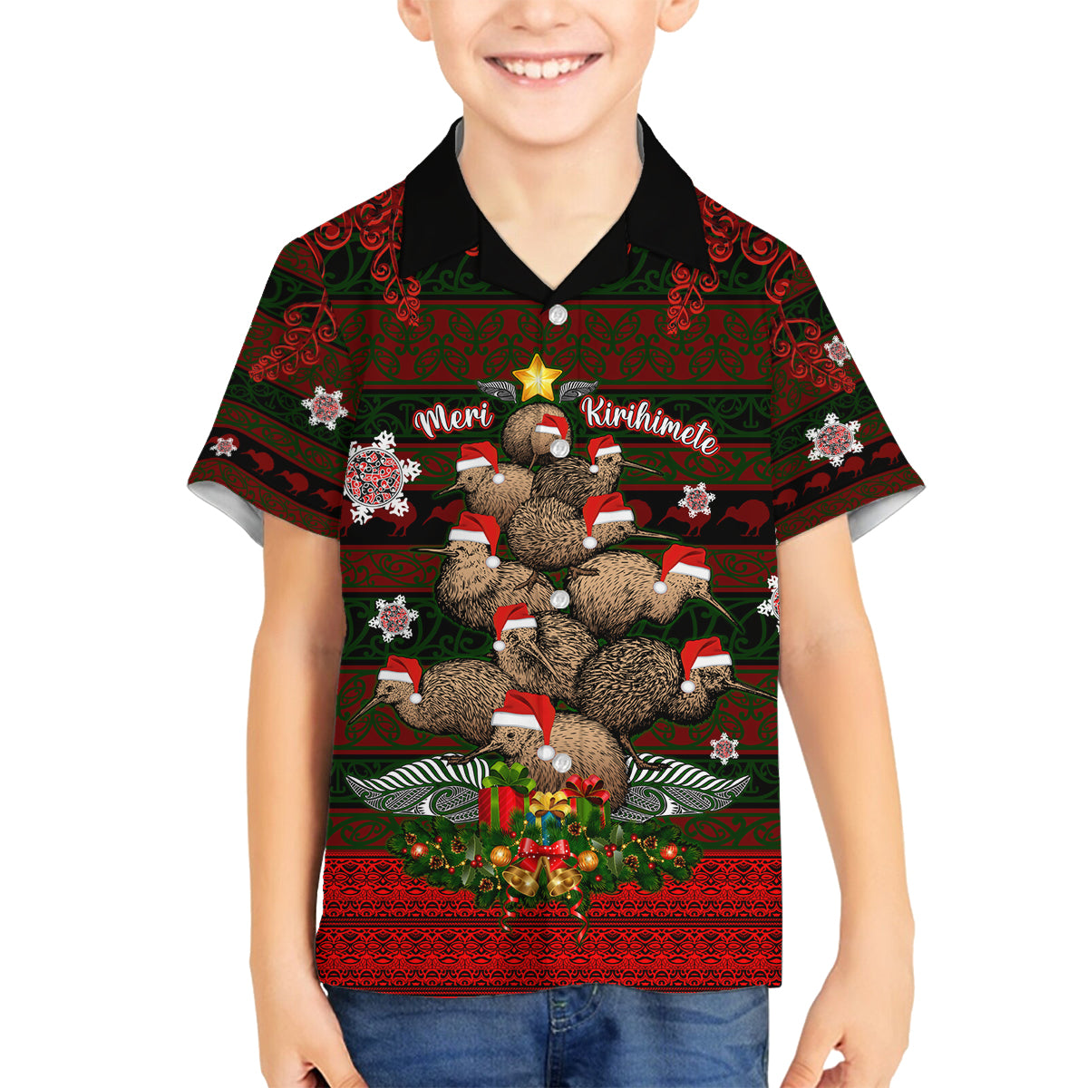 Meri Kirihimete New Zealand Family Matching Off Shoulder Maxi Dress and Hawaiian Shirt Christmas Kiwi Maori DT02 Son's Shirt Red - Polynesian Pride