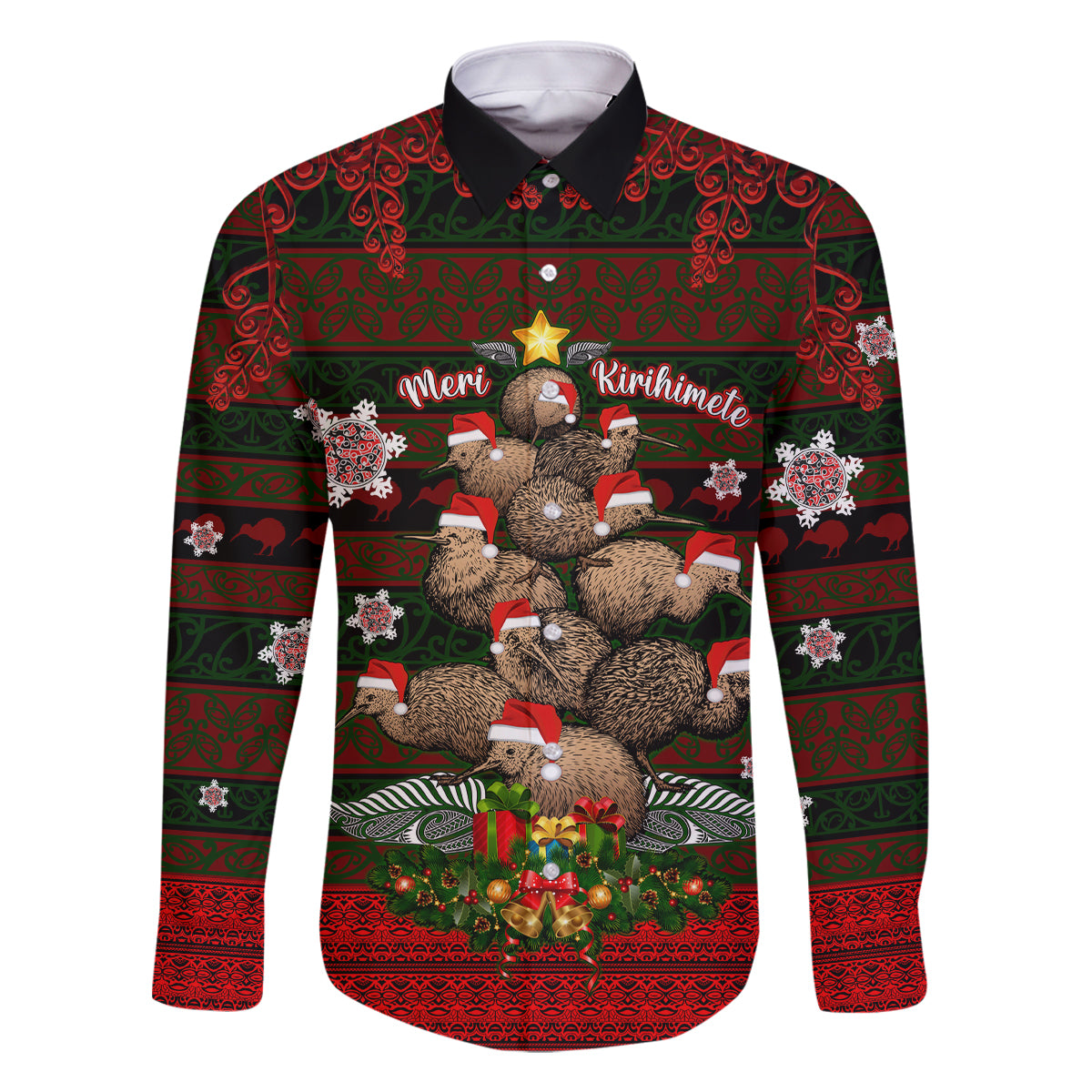 Meri Kirihimete New Zealand Family Matching Off Shoulder Short Dress and Hawaiian Shirt Christmas Kiwi Maori DT02 Dad's Shirt - Long Sleeve Red - Polynesian Pride