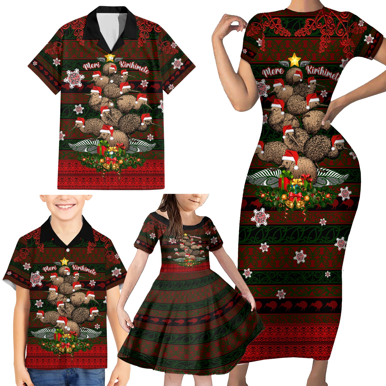 Meri Kirihimete New Zealand Family Matching Short Sleeve Bodycon Dress and Hawaiian Shirt Christmas Kiwi Maori DT02 - Polynesian Pride