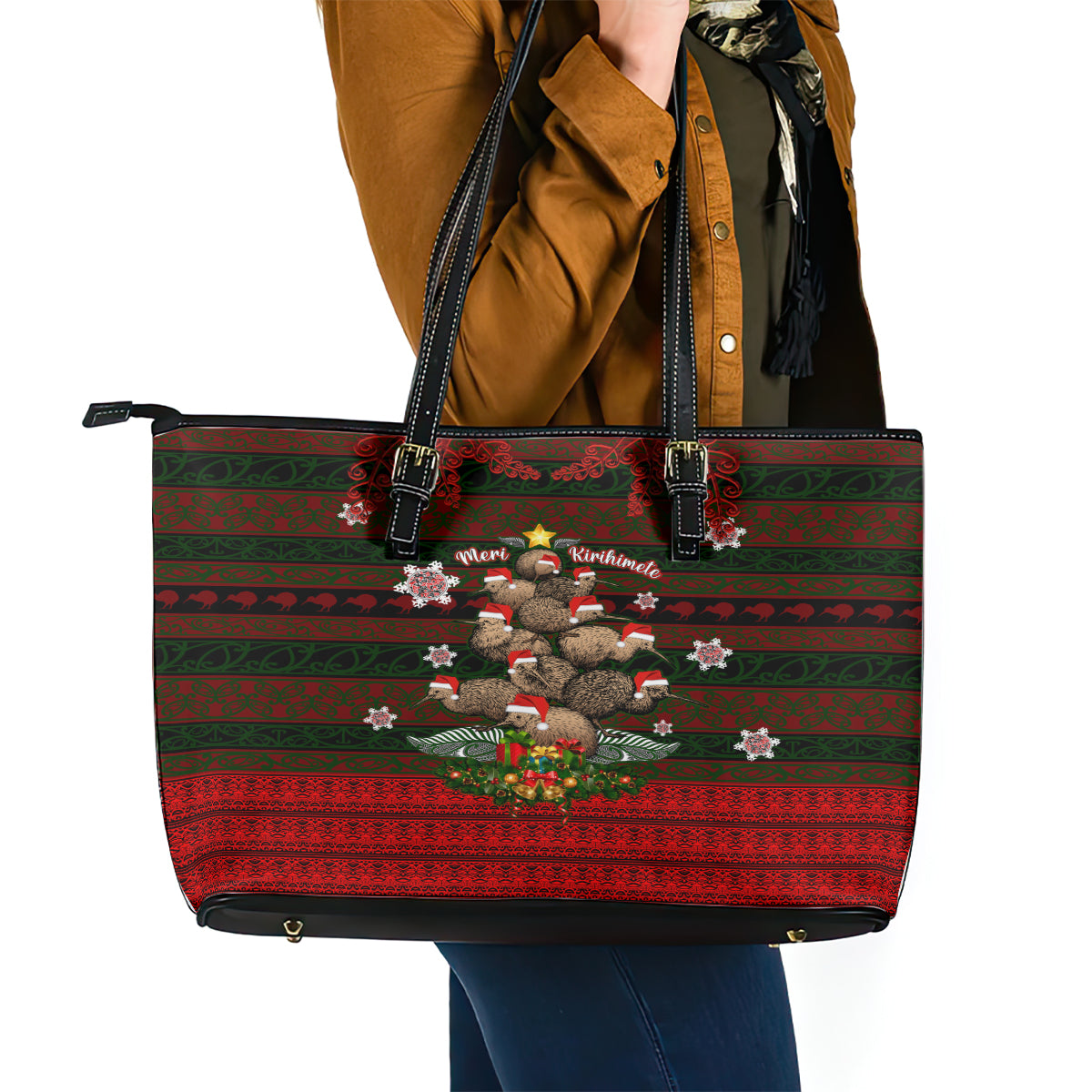 Meri Kirihimete New Zealand Leather Tote Bag Christmas Kiwi Maori DT02 - Polynesian Pride