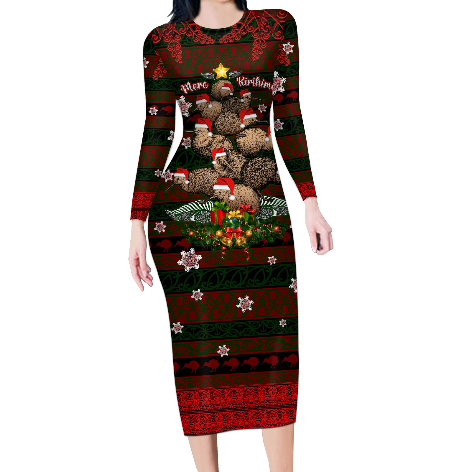 Meri Kirihimete New Zealand Long Sleeve Bodycon Dress Christmas Kiwi Maori DT02 Long Dress Red - Polynesian Pride